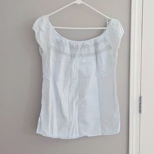 Hollister tee off the shoulder baby blue linen style top with crotchet detailing